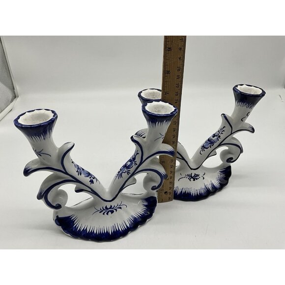 Blue and White Porcelain Double Candlestick, Set of 2, Made in Portugal w/Tapers - Picture 14 of 16